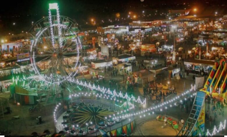 Night view of Kartik Mela with illuminated Ferris wheel, vibrant fairground rides, and bustling stalls in festive atmosphere