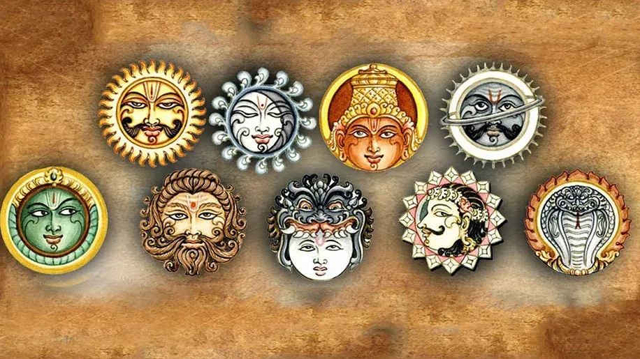 Artistic representation of the Navagrahas – nine celestial deities in Hindu astrology, including Surya, Chandra, Mangal, Budh, Guru, Shukra, Shani, Rahu, and Ketu on a traditional background