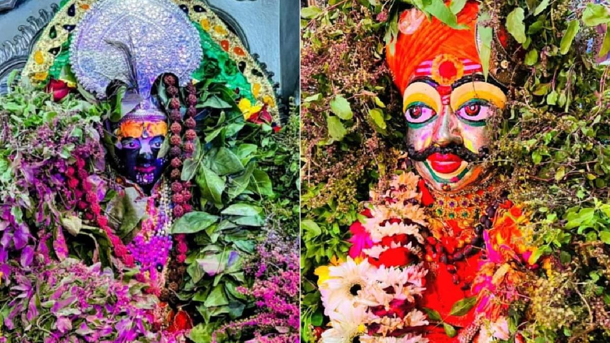 Vibrant idols of Kal Bhairav and Batuk Bhairav adorned with tulsi leaves, flowers, and traditional ornaments during special rituals at Ujjain temple